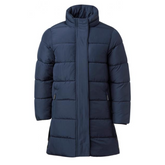 Navy blue puffer coat against a white background.